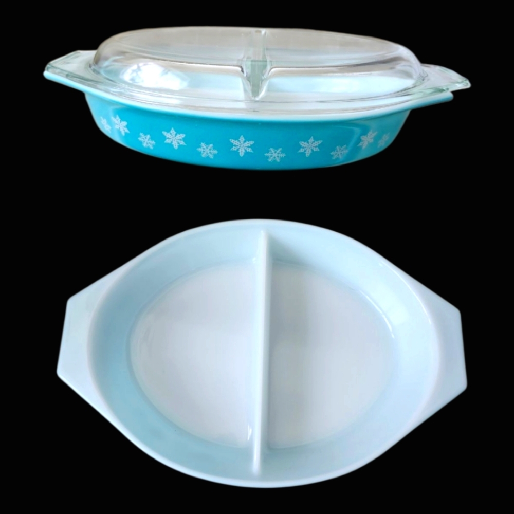 Vintage Pyrex Snowflake Turquoise Covered Lid Casserole, Divided Baking Dish